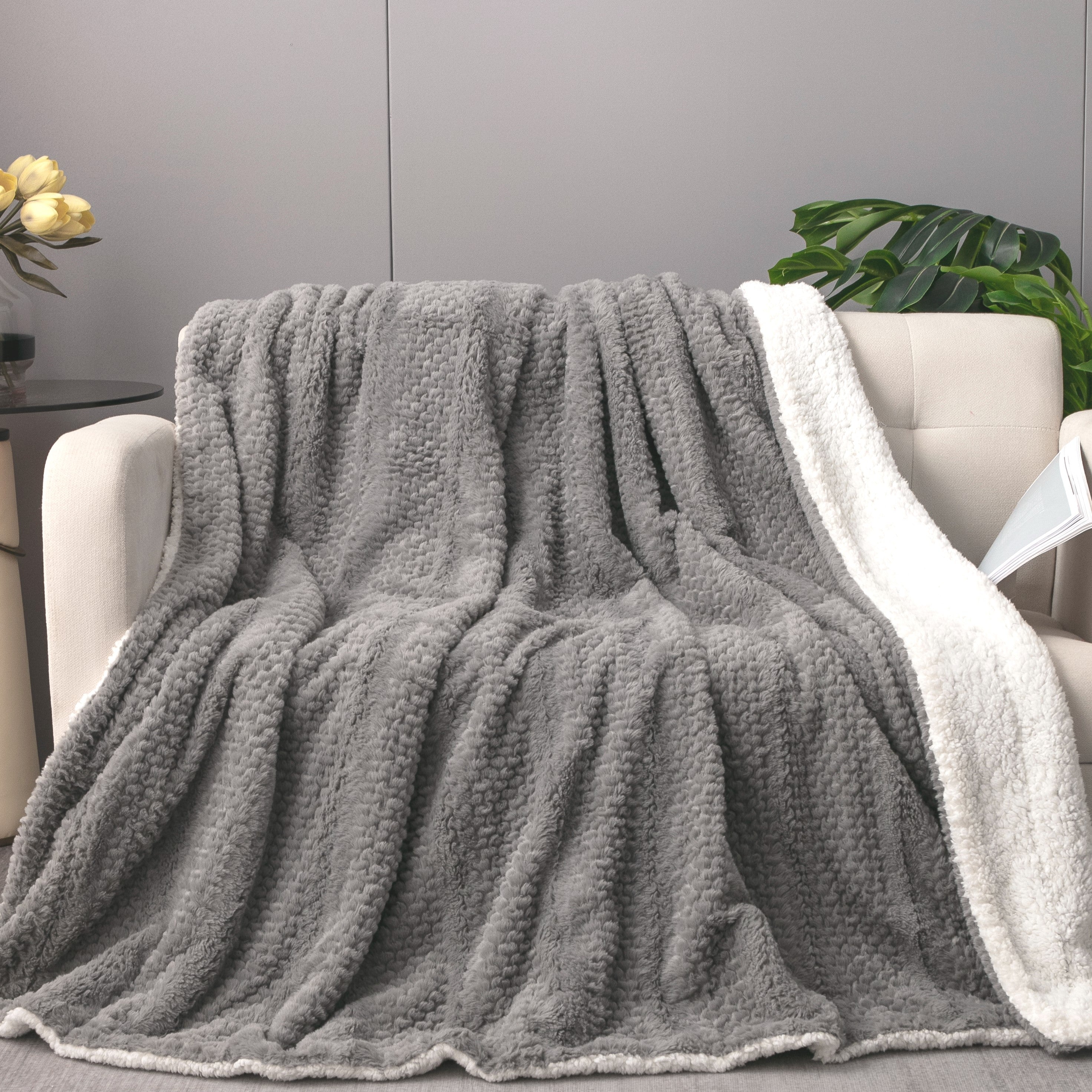 Tache Grey Faux Fur Throw Blanket, Super Soft Fluffy, cuddly and cozy white and gray throw blanket with sherpa back 