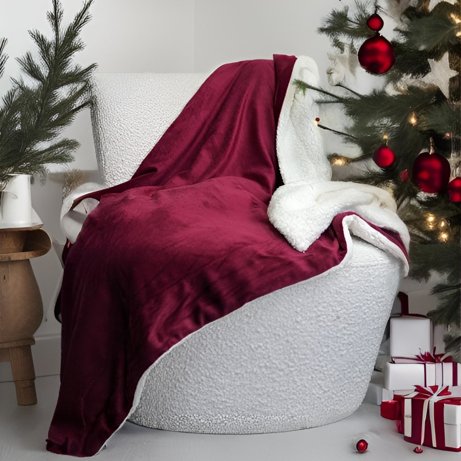 Christmas Wine Red Sherpa Throw Blanket  super soft warm cozy cuddly fluffy with Christmas Tree and Gifts