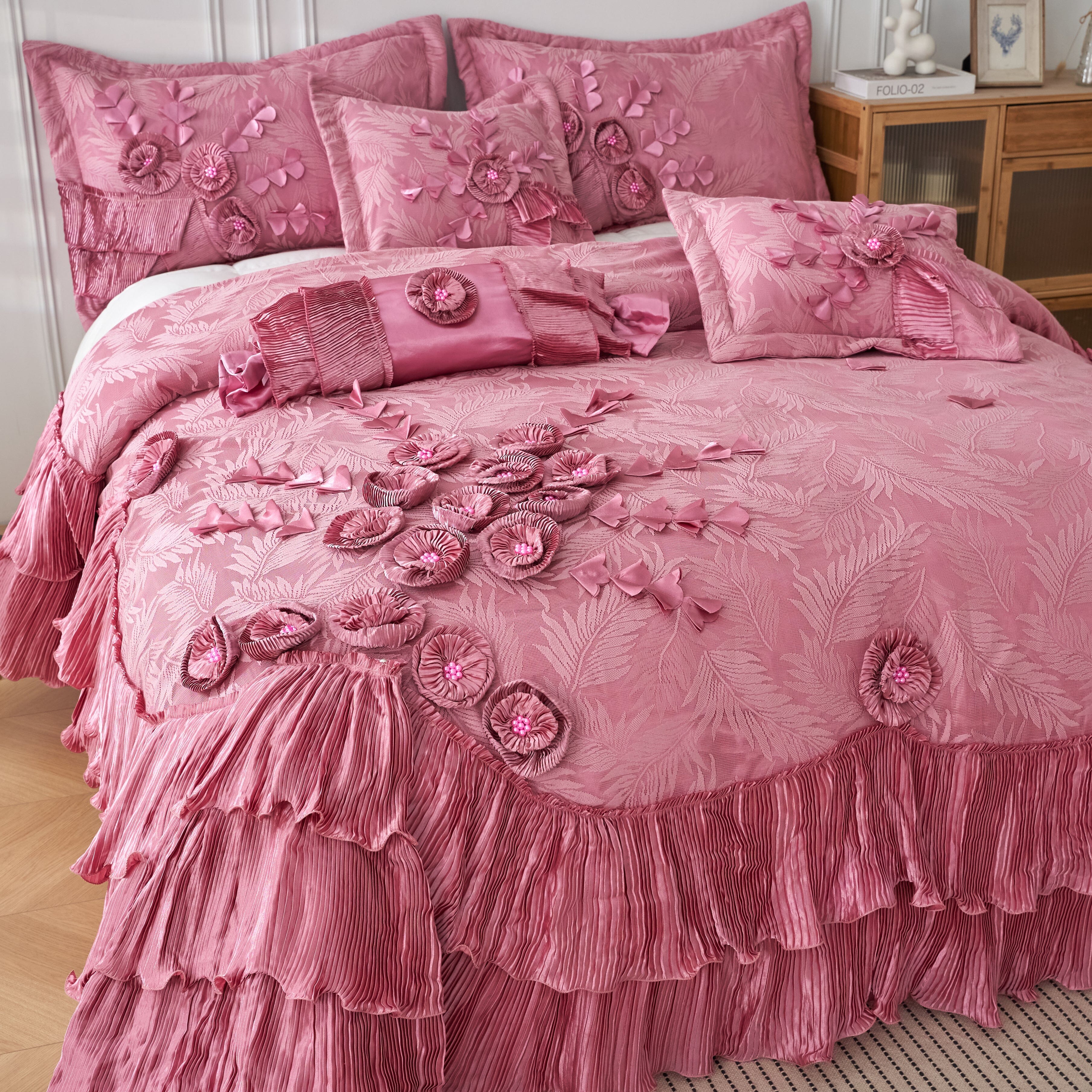 Tache Satin Ruffle Floral Lace Pink Royal Princess Dream Comforter Set (BM1227) - Tache Home Fashion