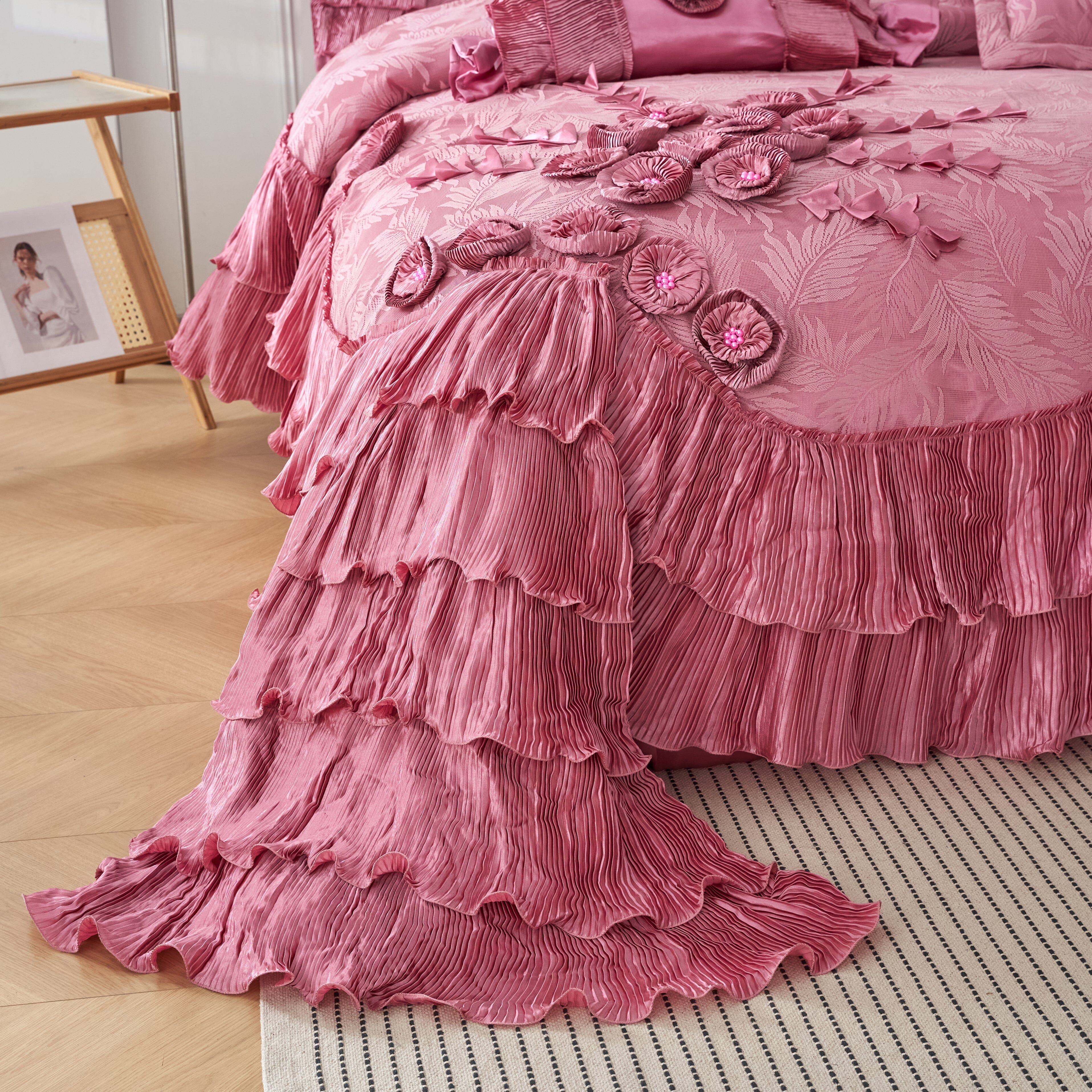 Tache Satin Ruffle Floral Lace Pink Royal Princess Dream Comforter Set (BM1227)