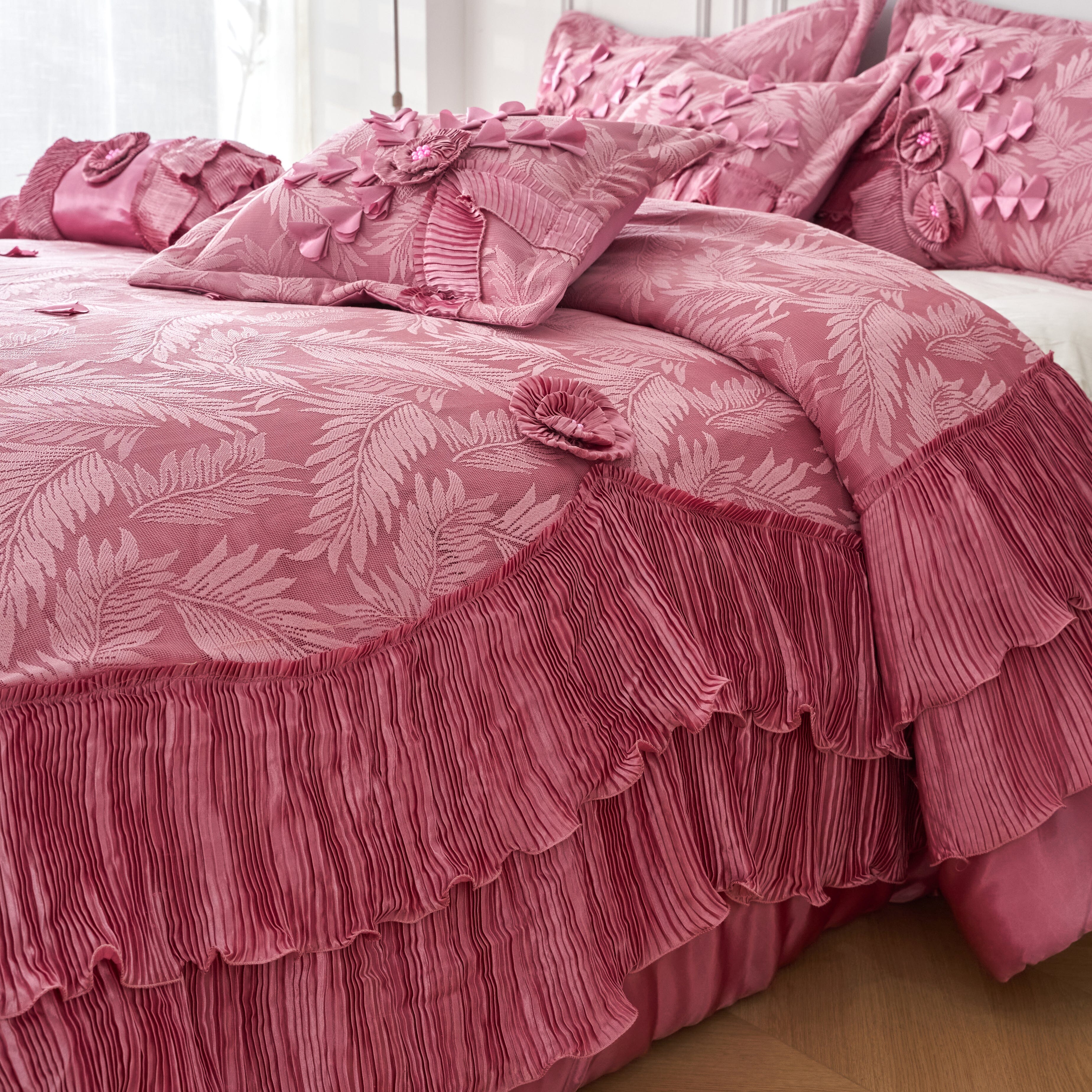 Tache Satin Ruffle Floral Lace Pink Royal Princess Dream Comforter Set (BM1227) - Tache Home Fashion