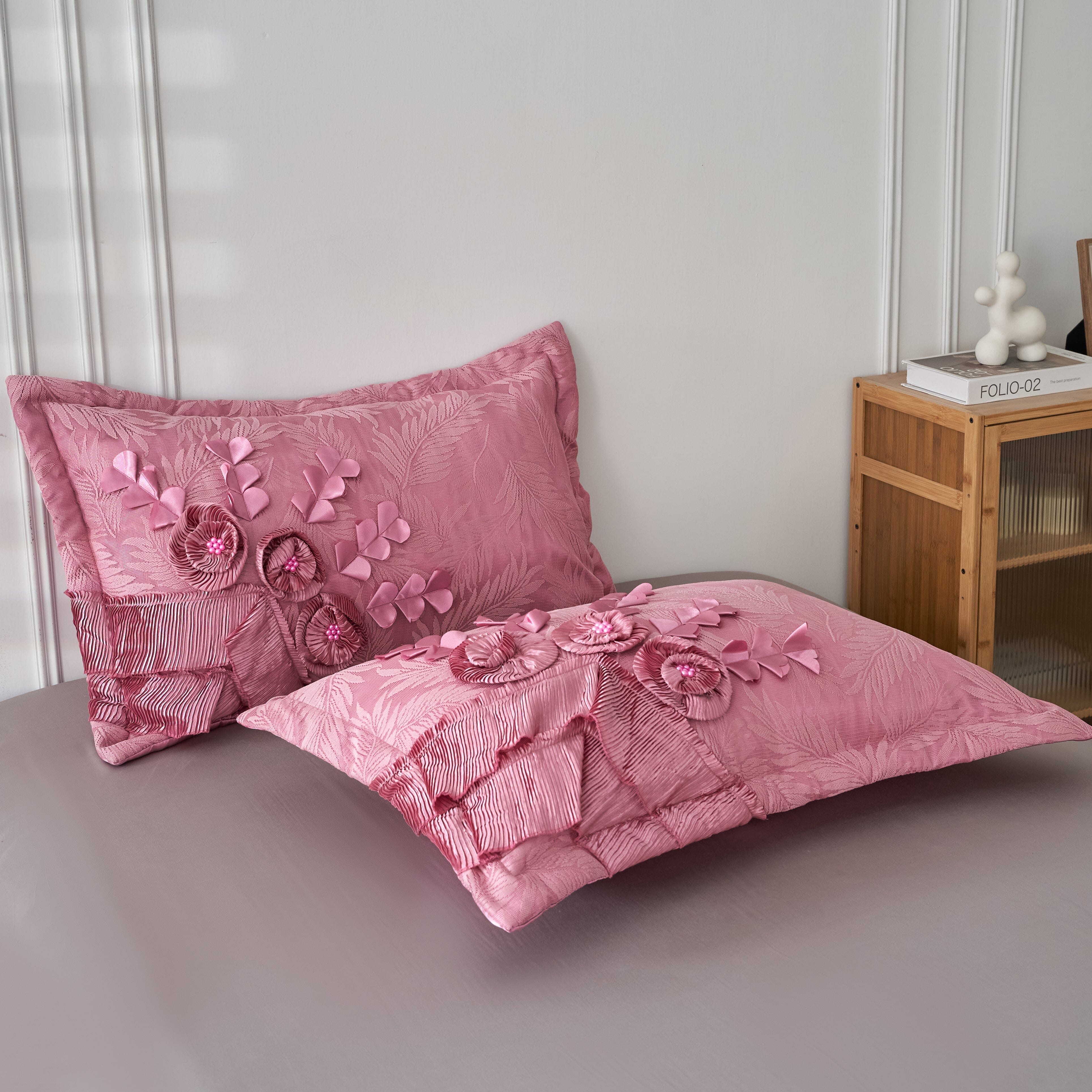 Tache Satin Ruffle Floral Lace Pink Royal Princess Dream Comforter Set Pillow Shams Cover Pillowcase  (BM1227) - Tache Home Fashion