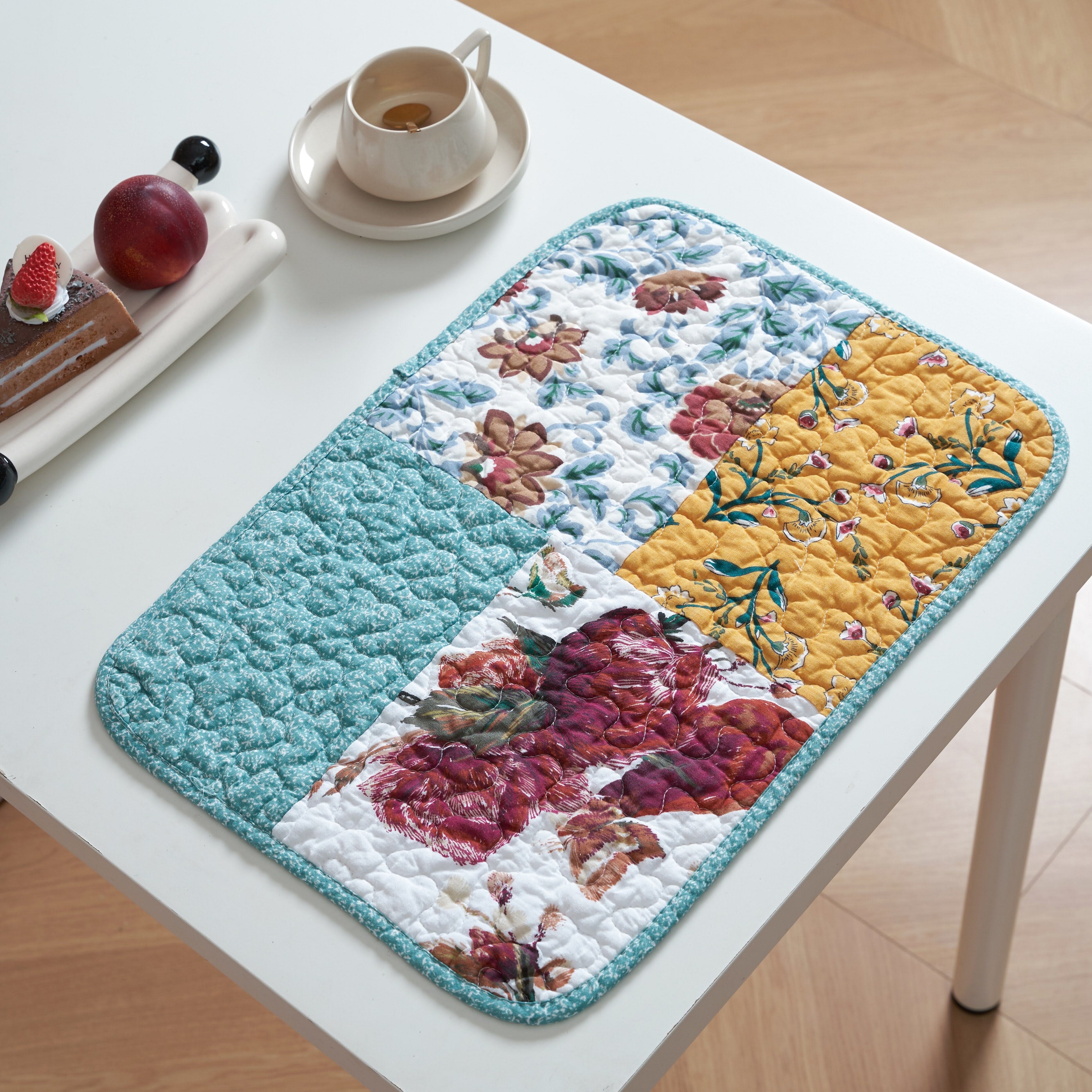 Tache Home Fashion Quilted Patchwork Placemat Floral Amish Table Mat. Turquoise Blue Yellow Vintage Traditional Matelasse Cloth Washable Place Mats