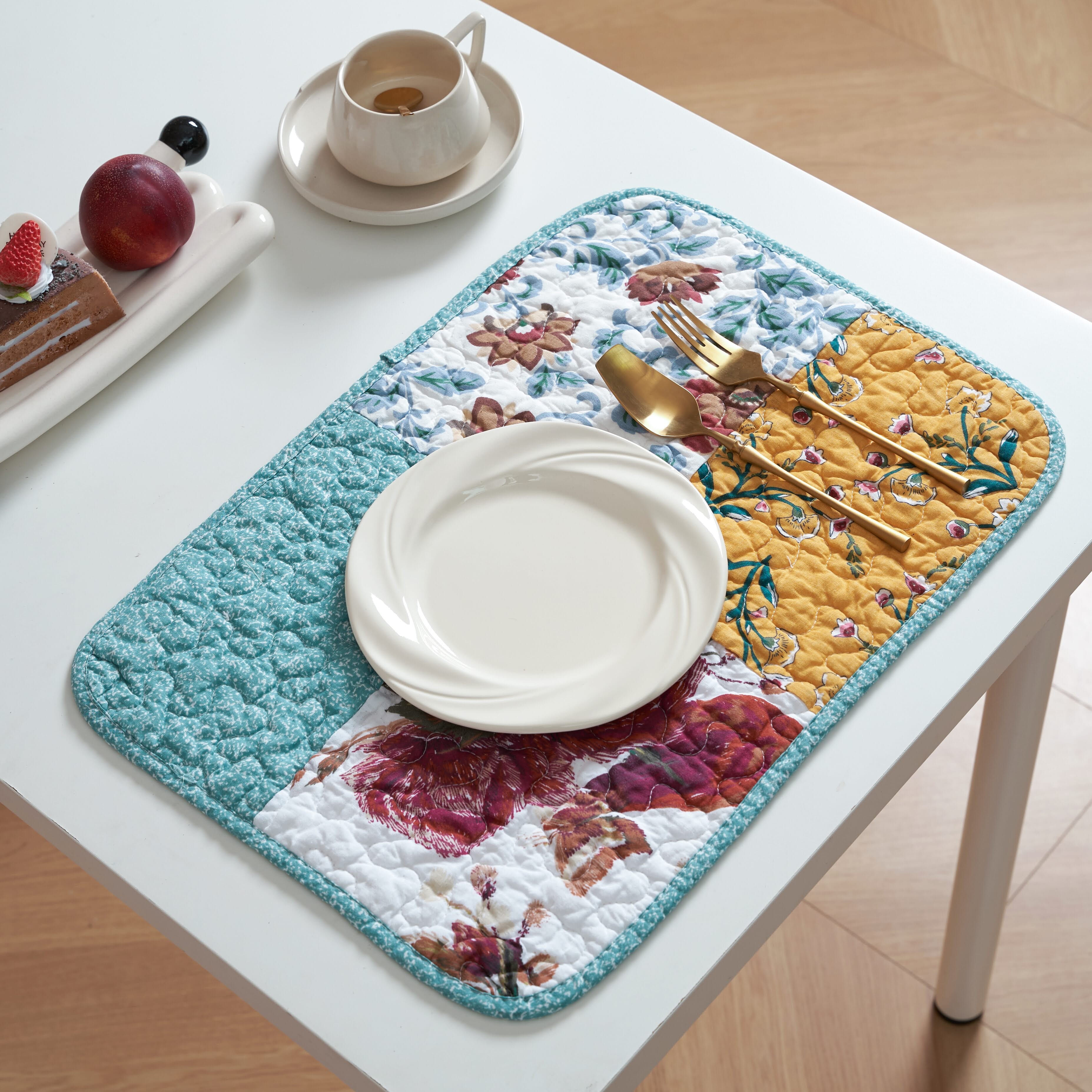 Tache Home Fashion Quilted Patchwork Placemat Floral Amish Table Mat. Turquoise Blue Yellow Vintage Traditional Matelasse Cloth Washable Place Mats