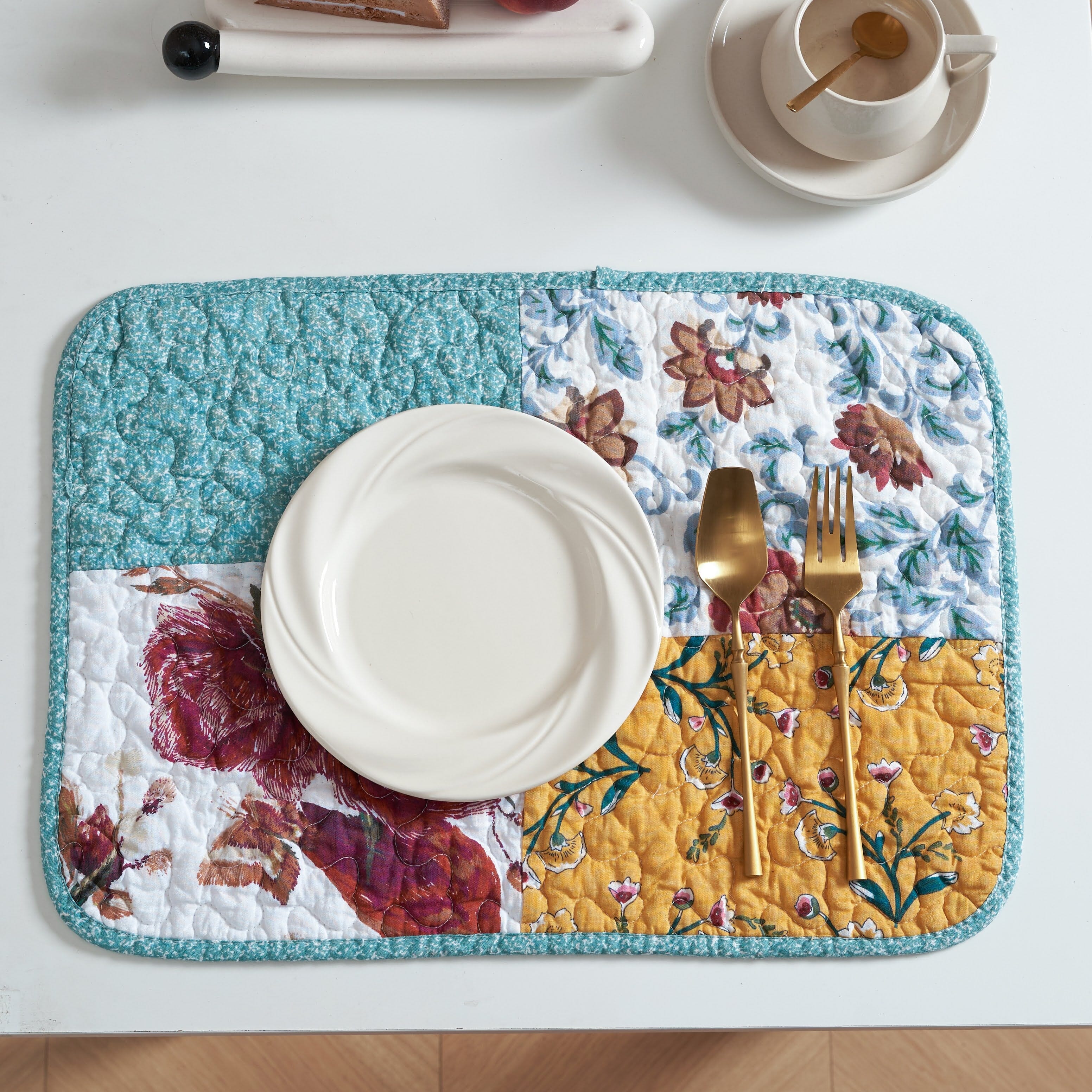 Tache Home Fashion Quilted Patchwork Placemat Floral Amish Table Mat. Turquoise Blue Yellow Vintage Traditional Matelasse Cloth Washable Place Mats