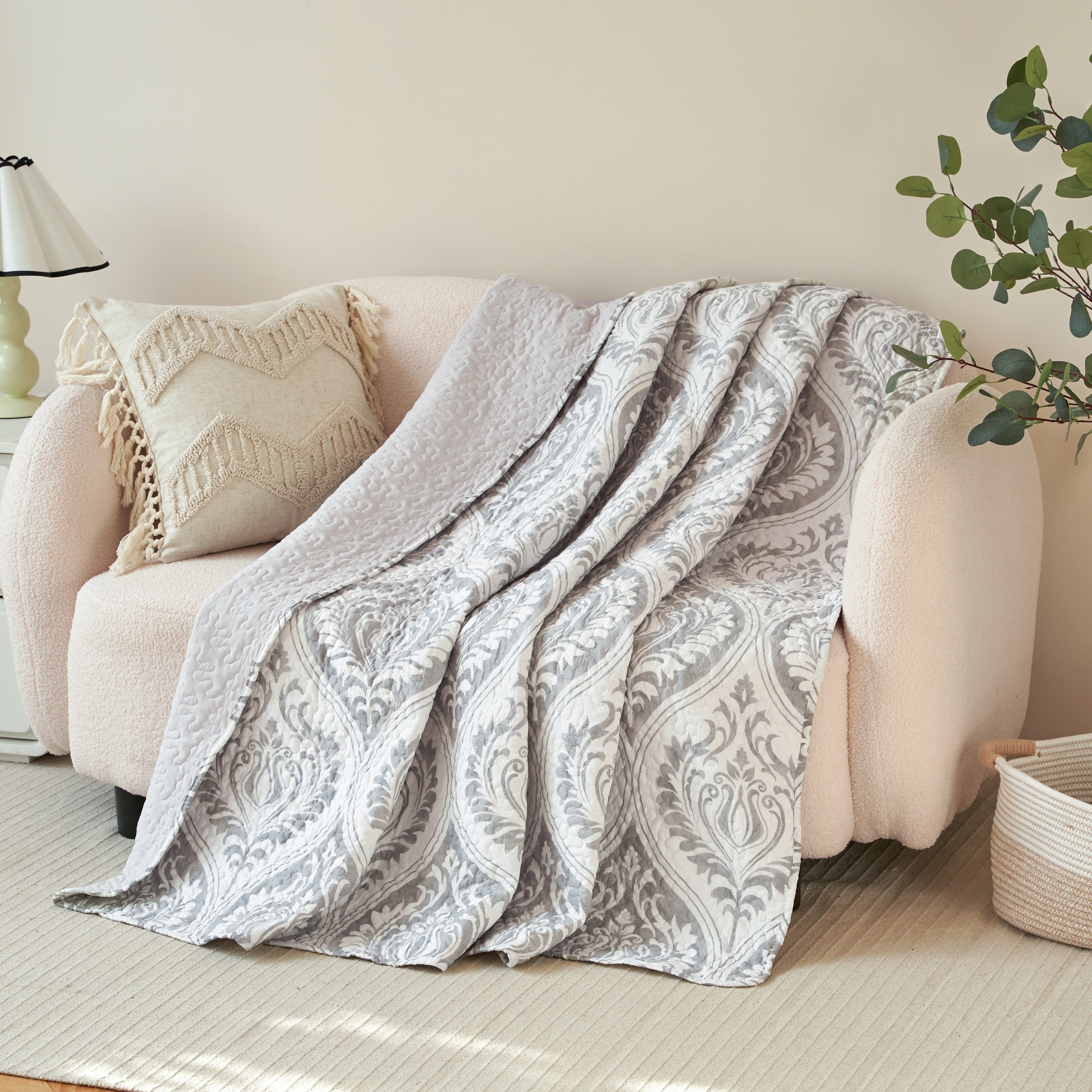 Tache Farmhouse Lighteweight Dreamy Moon Sky Ogee Damask White Heather Gray Quilted Throw Blanket