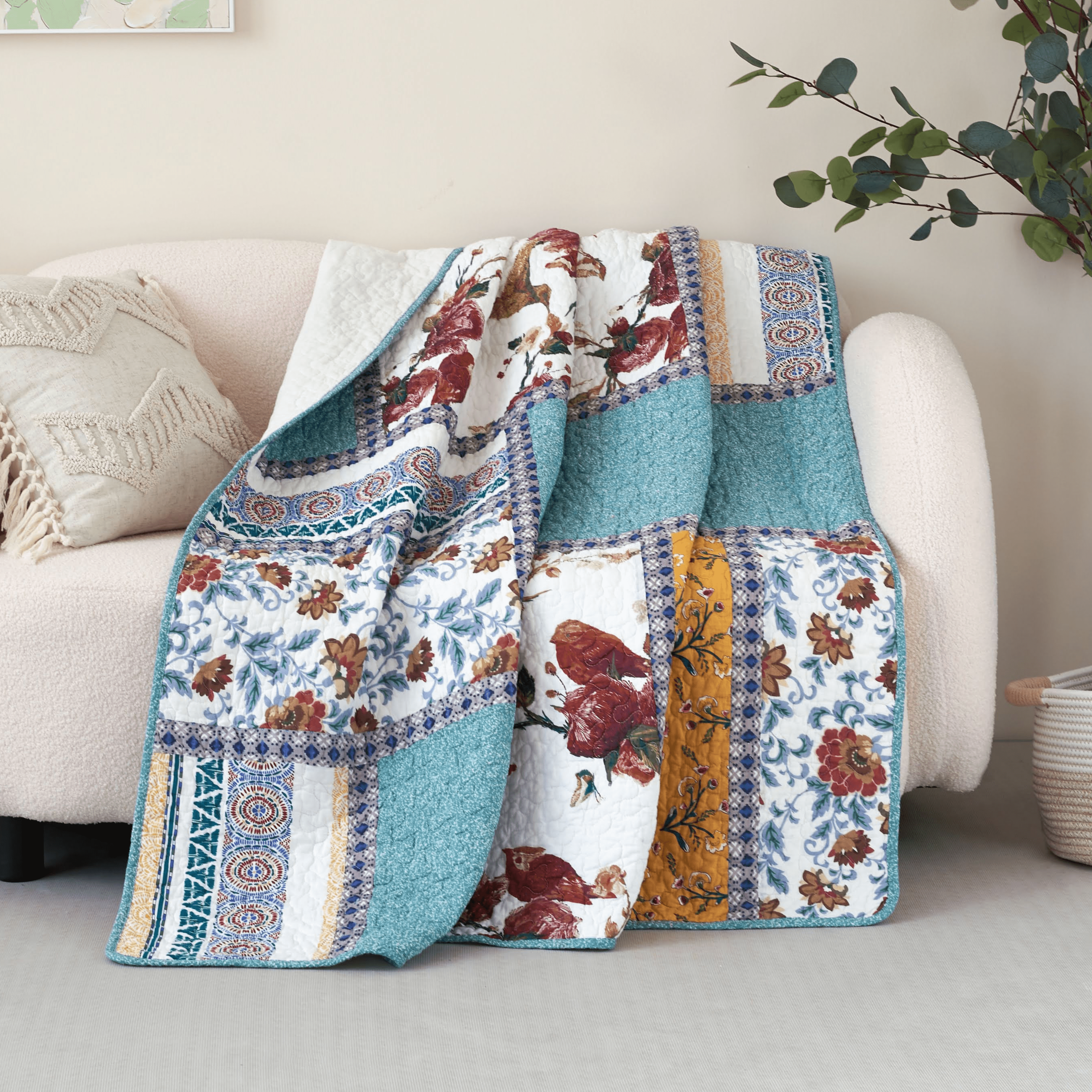 Tache Cotton Patchwork Old World Garden Pastel Blue Yellow Red Hummingbirds Quilted Throw Blanket (JHW-936)