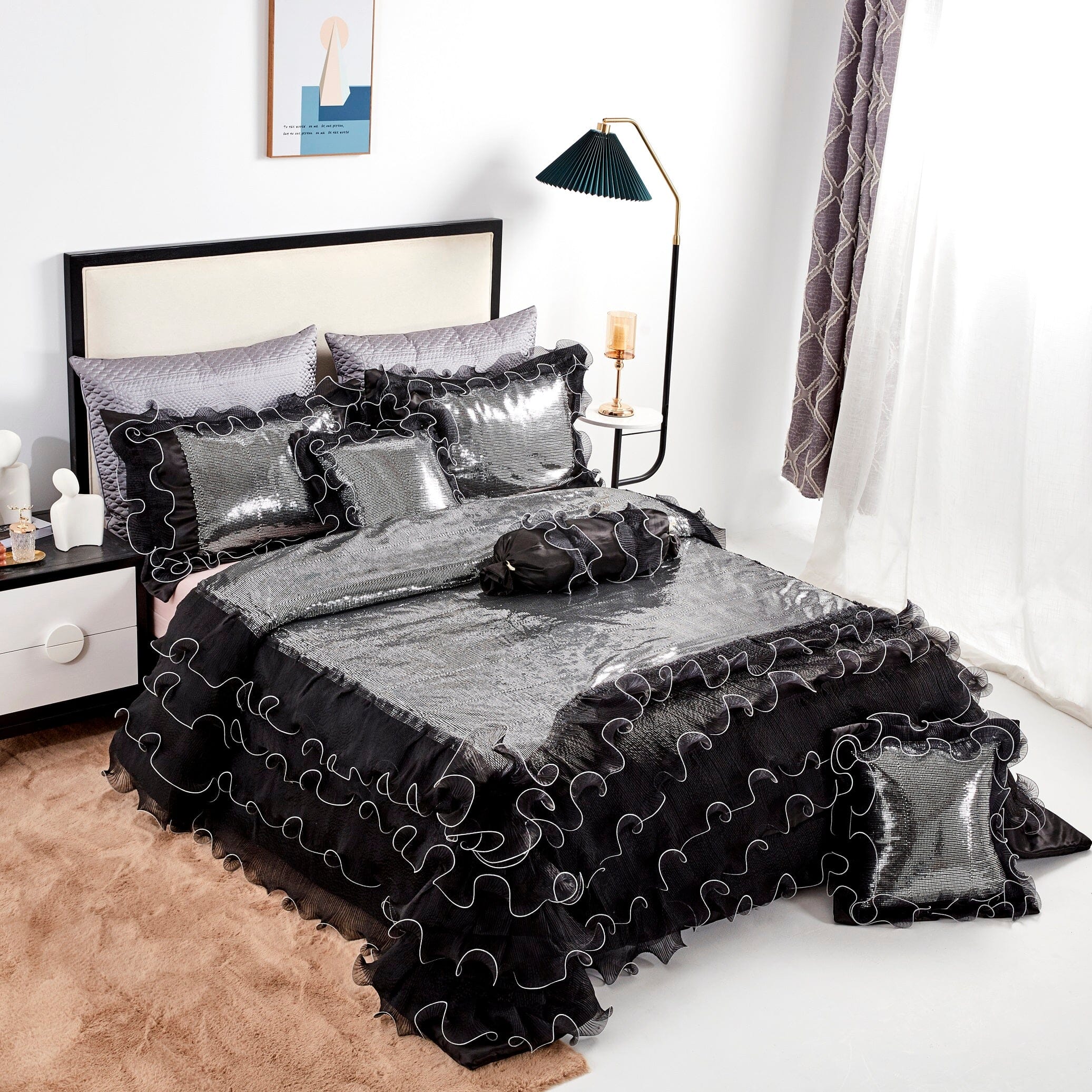 Tache Luxurious Glam Night Out Silver Sequin Black Organza Ruffle 6pc  Comforter Set (1622)