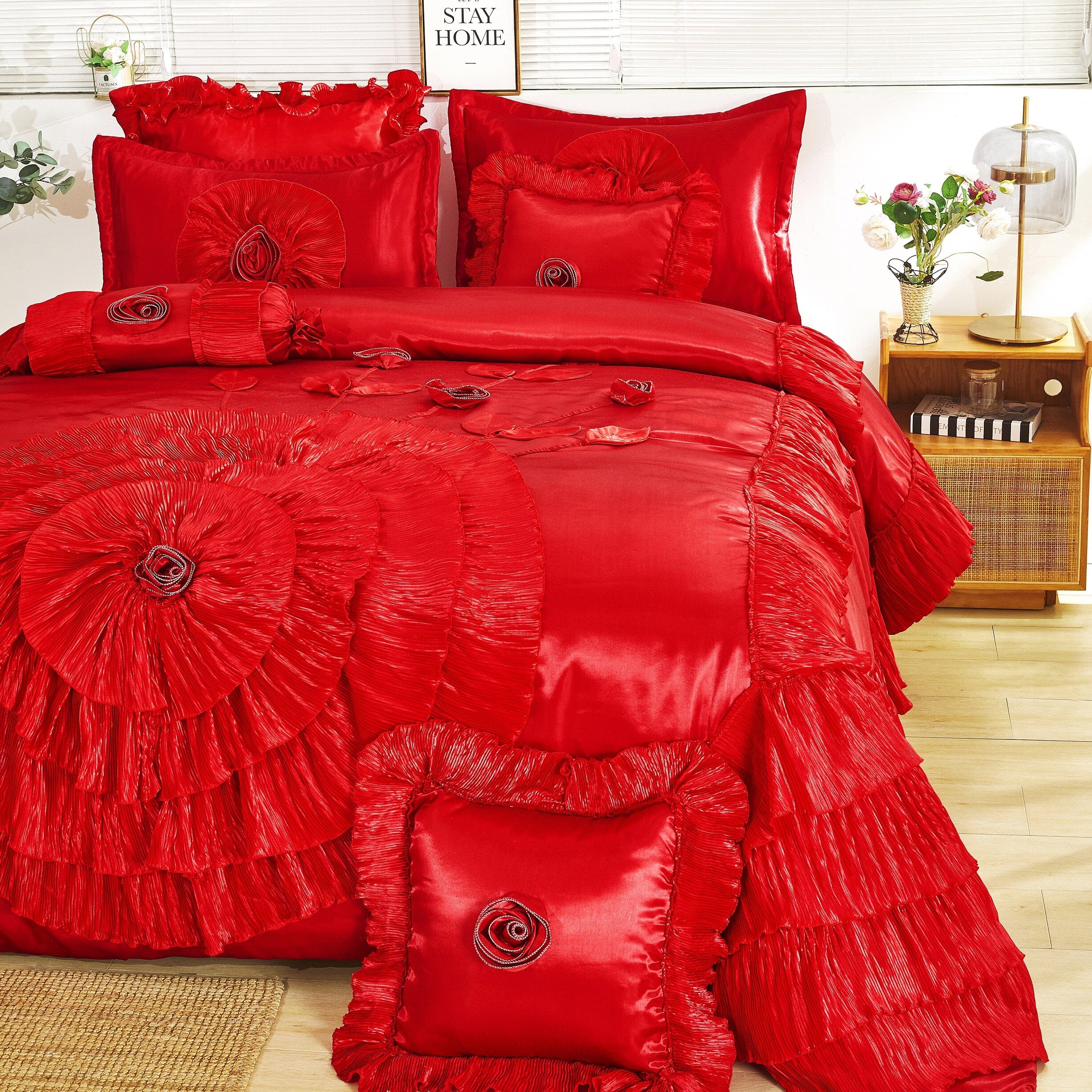 Tache Satin Ruffle Victorian Glam Romantic Red Rose Comforter Set HY4