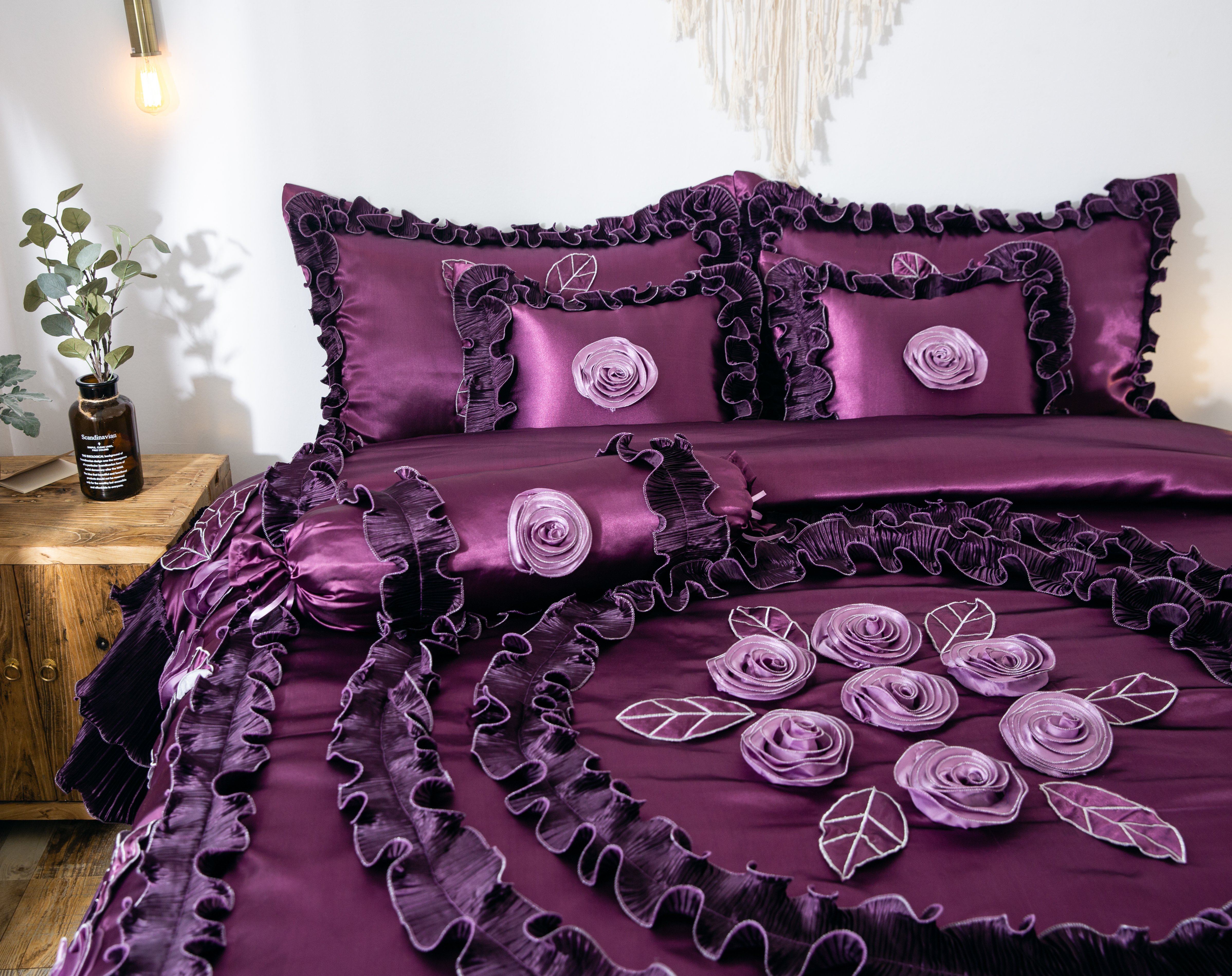 Tache Sateen Satin Ruffle Dark Purple Midnight Bloom Comforter Set (BM-6438)