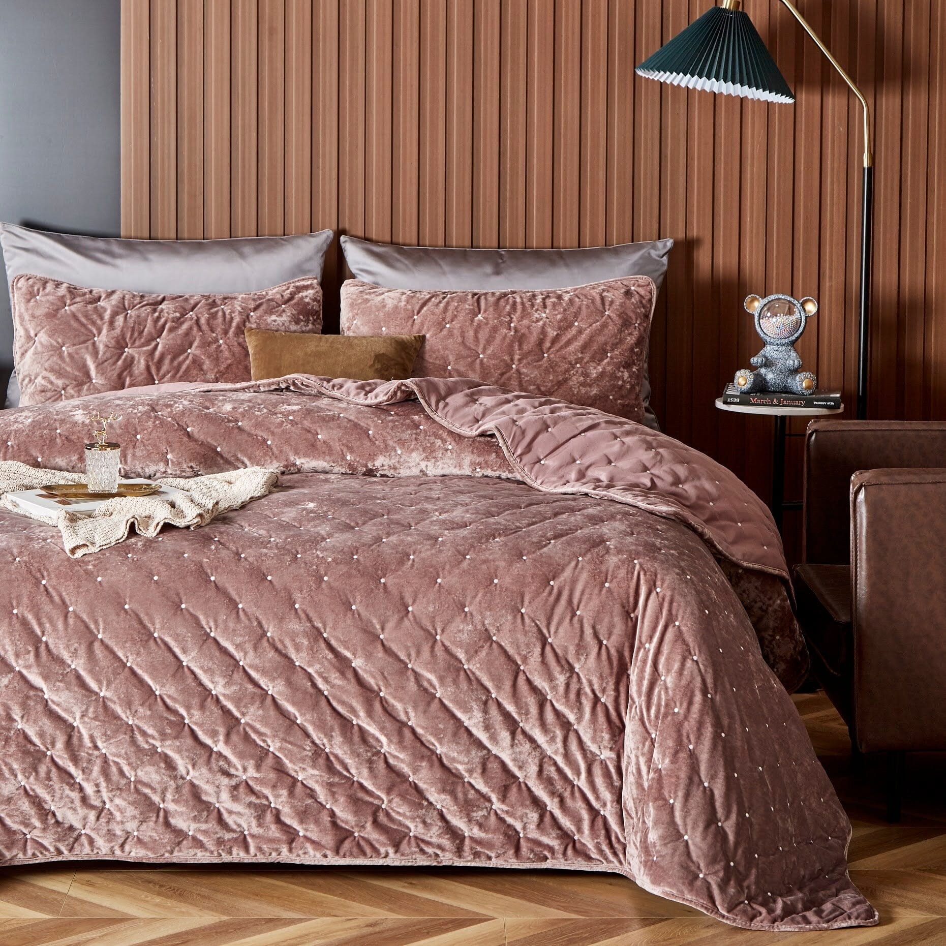 Tahari Rose gold Velvet Lux Quilt and outlet shams set